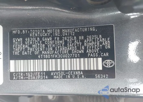 2012 Toyota Camry Hybrid Le z USA, uszkodzony, nr VIN 4T1BD1FK3CU027701